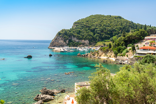 Greece, Corfu island, Paleokastrites, Coastline with marina